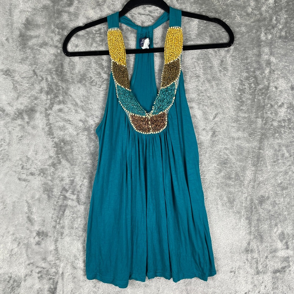 Blue Asphalt Tank Top Women Medium Teal Very Good Beaded Racerback Boho Pleated